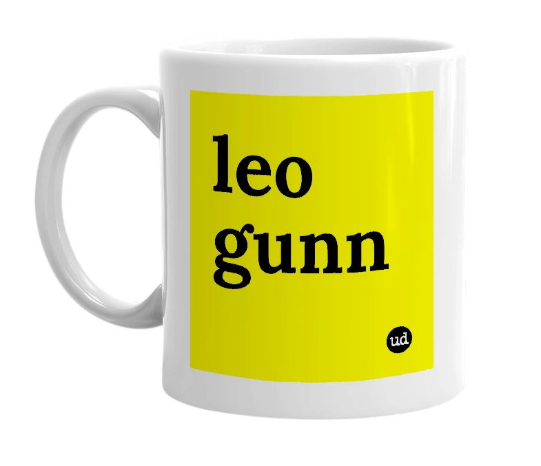 White mug with 'leo gunn' in bold black letters