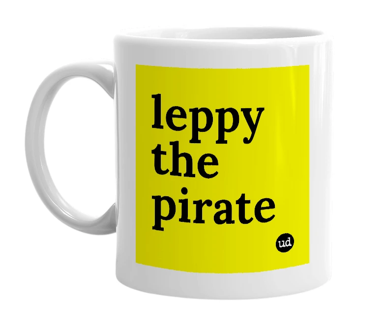 White mug with 'leppy the pirate' in bold black letters