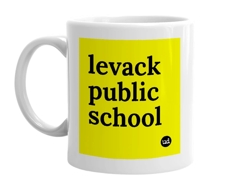 White mug with 'levack public school' in bold black letters