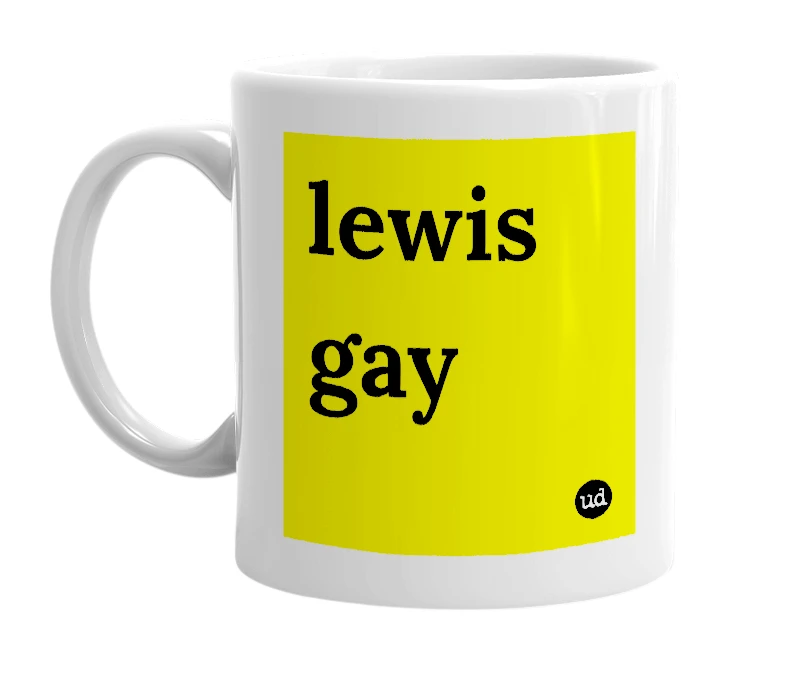 White mug with 'lewis gay' in bold black letters