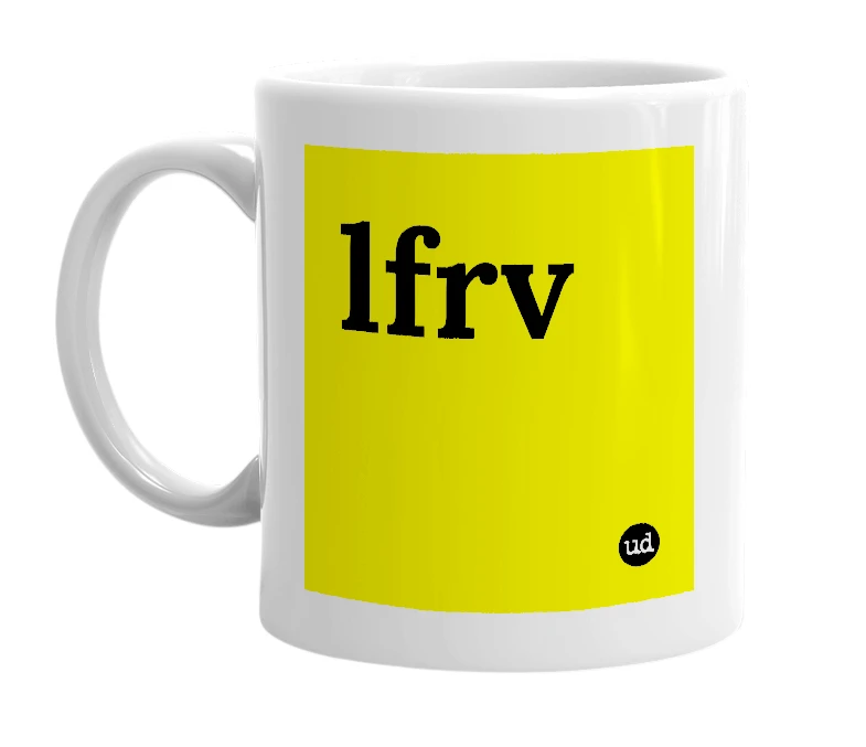 White mug with 'lfrv' in bold black letters