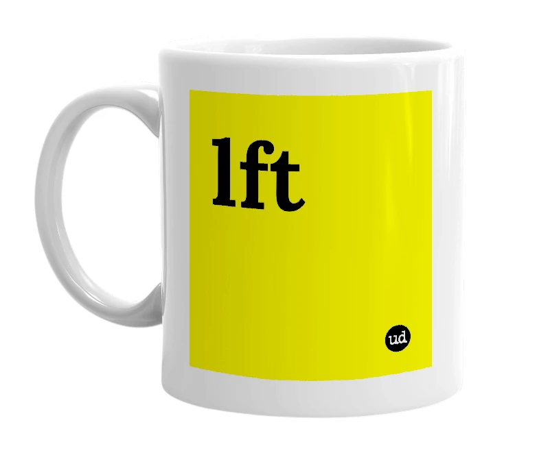 White mug with 'lft' in bold black letters