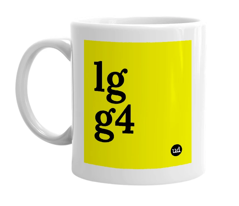 White mug with 'lg g4' in bold black letters