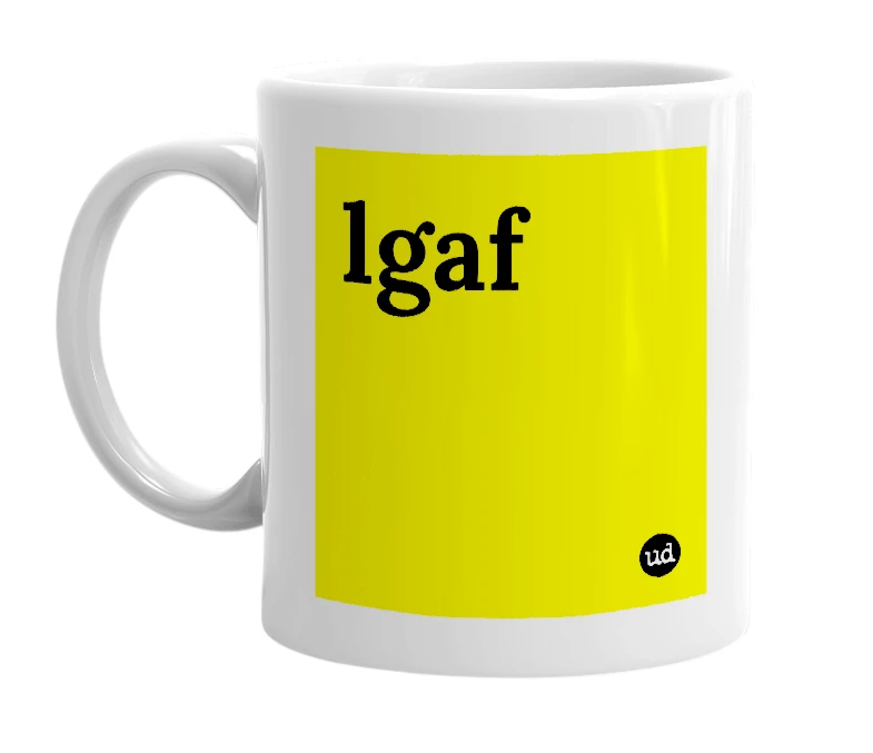 White mug with 'lgaf' in bold black letters