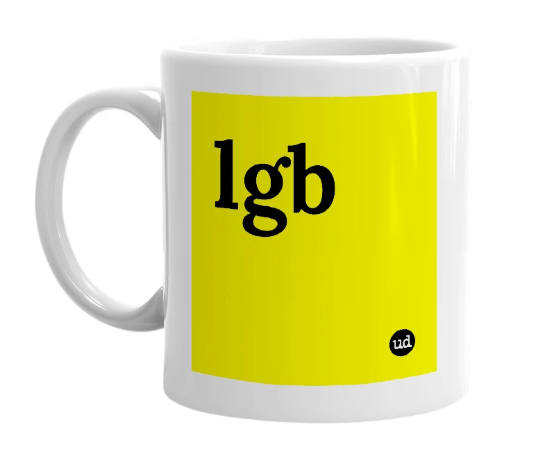 White mug with 'lgb' in bold black letters