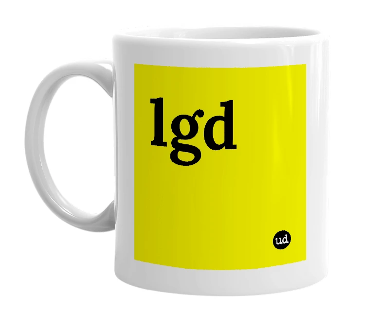 White mug with 'lgd' in bold black letters