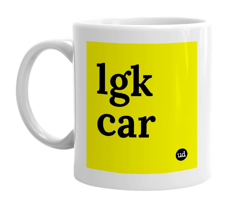 White mug with 'lgk car' in bold black letters