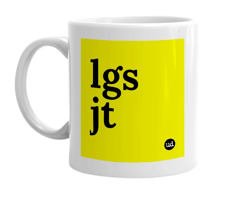 White mug with 'lgs jt' in bold black letters