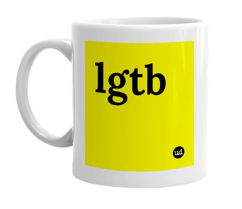 White mug with 'lgtb' in bold black letters