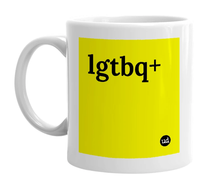 White mug with 'lgtbq+' in bold black letters