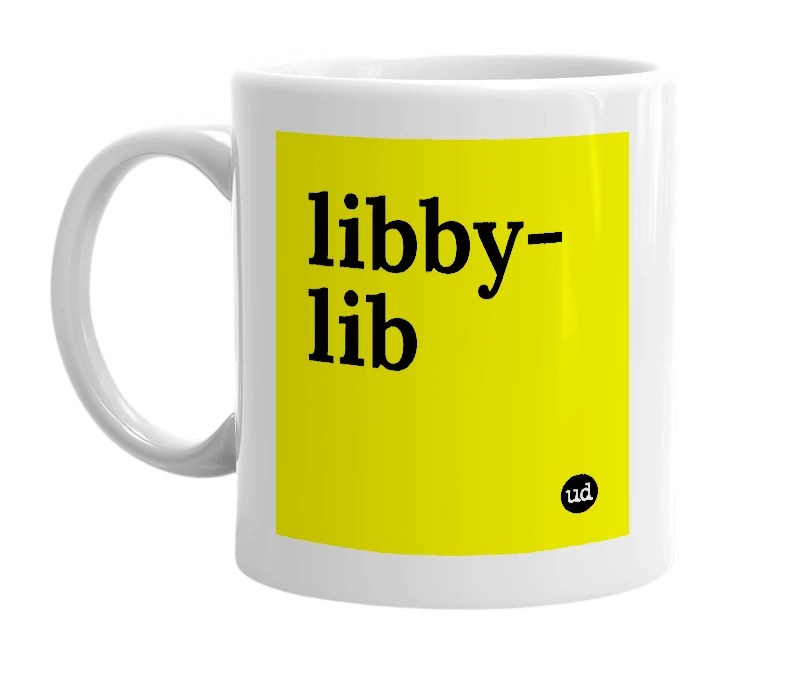 White mug with 'libby-lib' in bold black letters