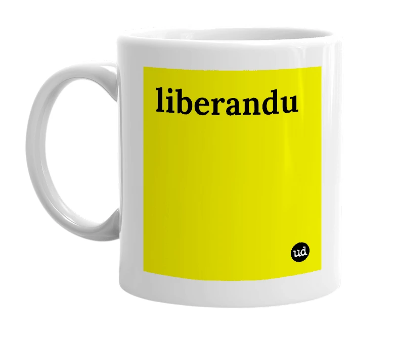 White mug with 'liberandu' in bold black letters
