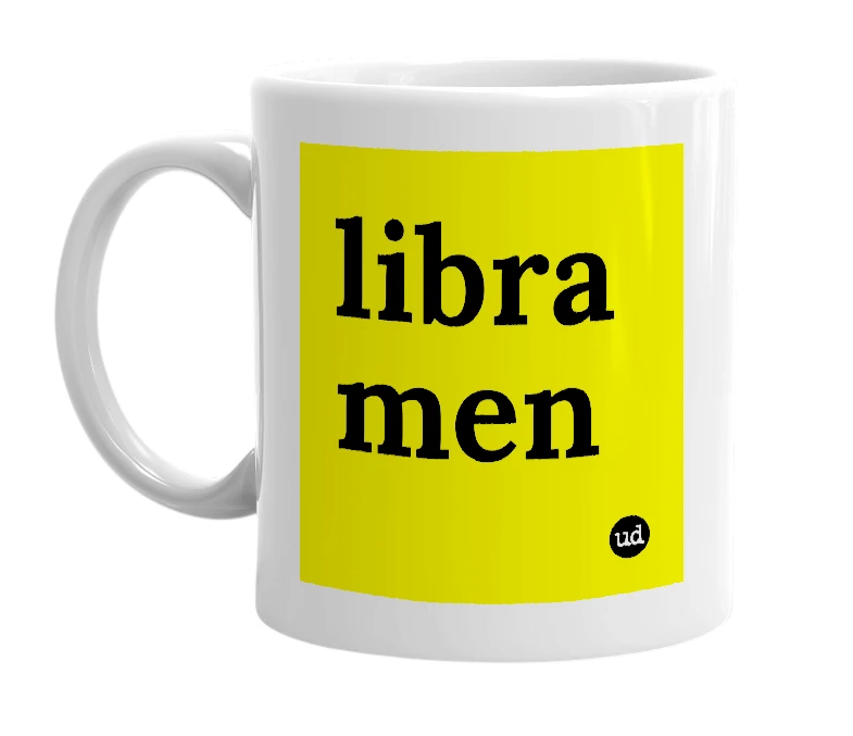 White mug with 'libra men' in bold black letters