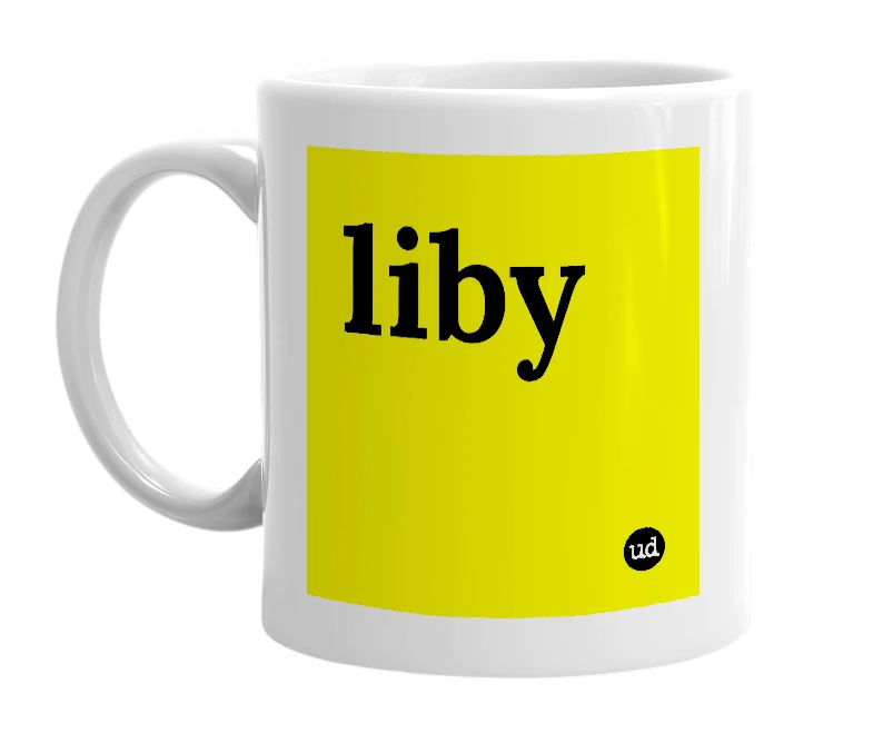 White mug with 'liby' in bold black letters