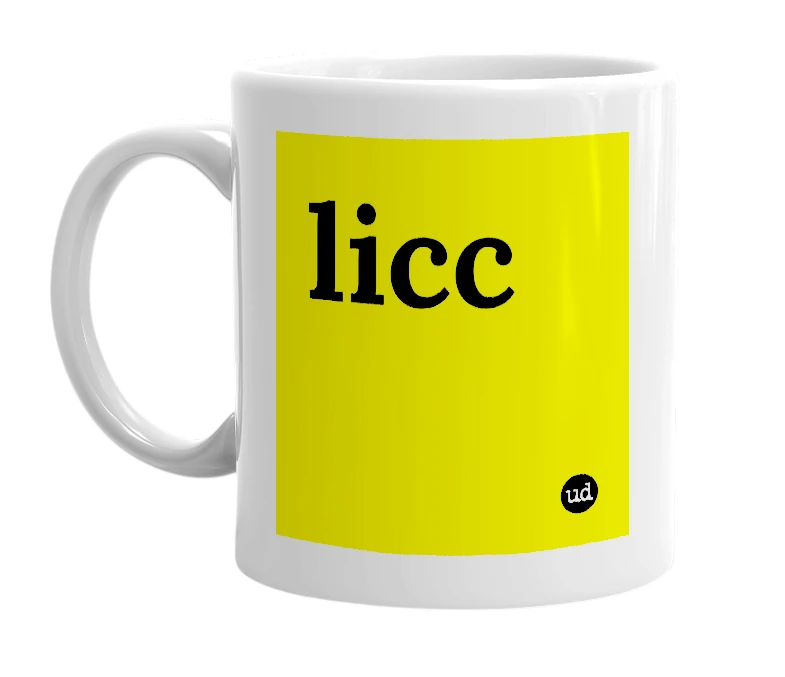 White mug with 'licc' in bold black letters