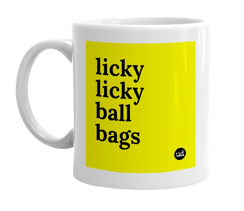 White mug with 'licky licky ball bags' in bold black letters