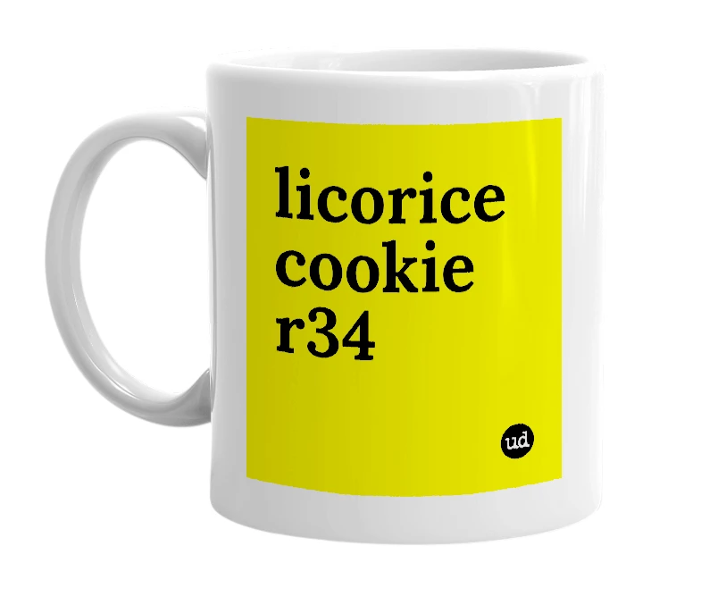 White mug with 'licorice cookie r34' in bold black letters