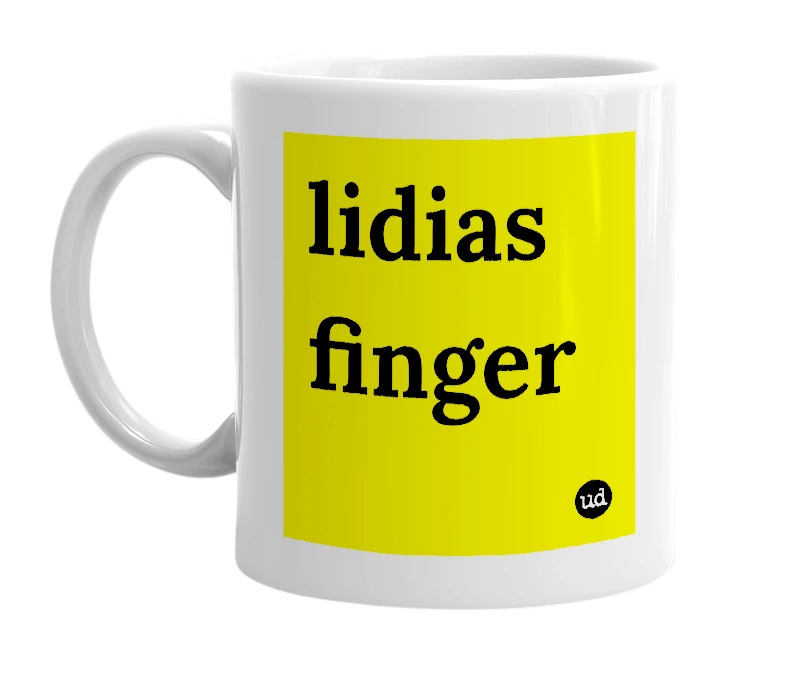 White mug with 'lidias finger' in bold black letters