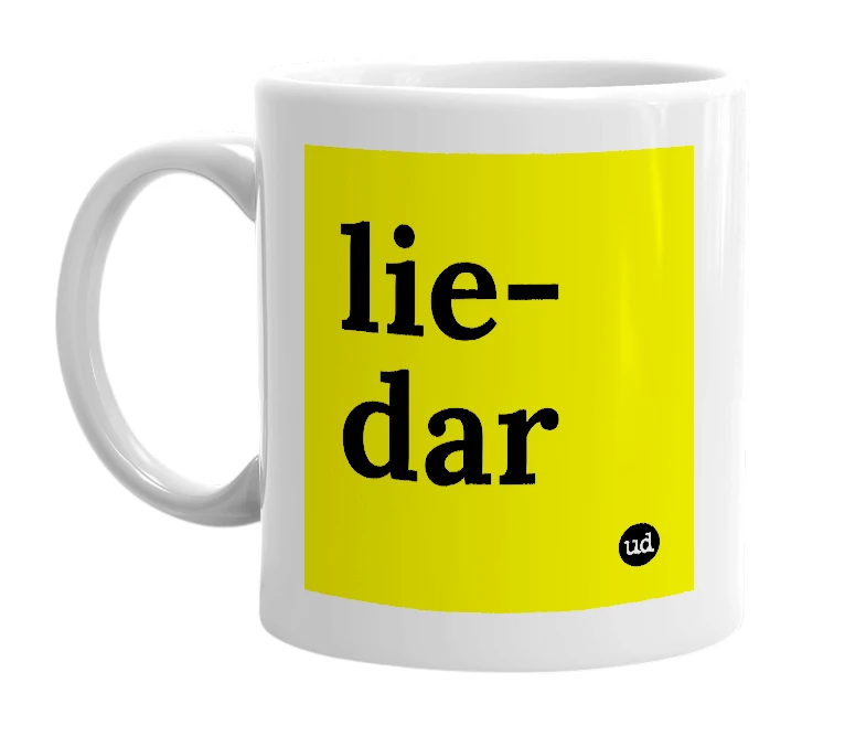 White mug with 'lie-dar' in bold black letters