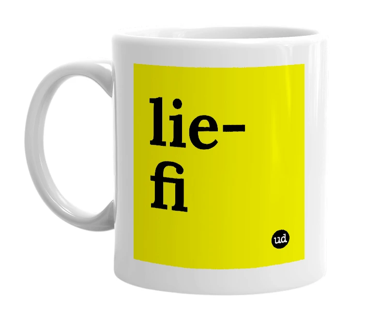 White mug with 'lie-fi' in bold black letters