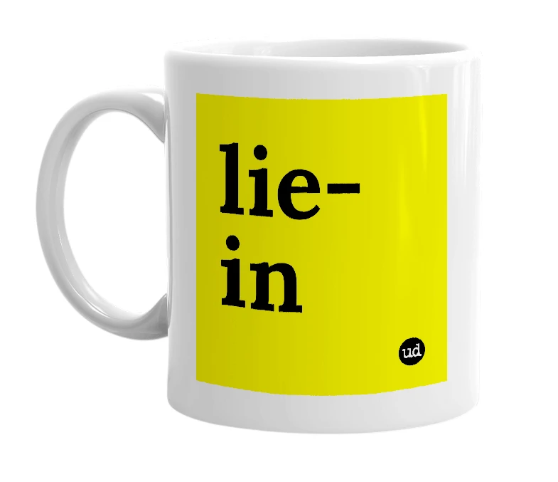 White mug with 'lie-in' in bold black letters