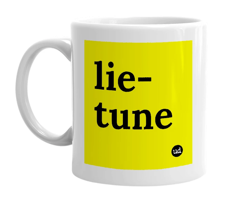 White mug with 'lie-tune' in bold black letters