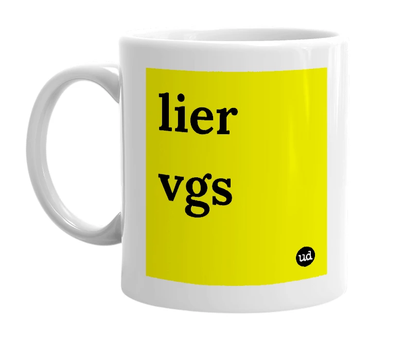 White mug with 'lier vgs' in bold black letters