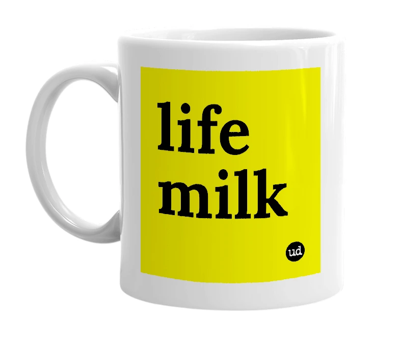 White mug with 'life milk' in bold black letters