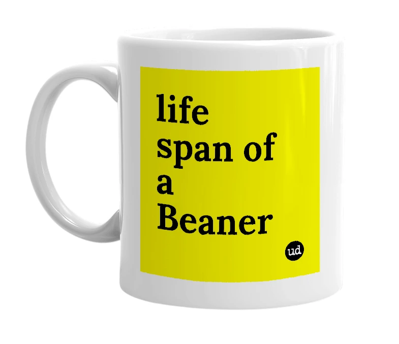White mug with 'life span of a Beaner' in bold black letters