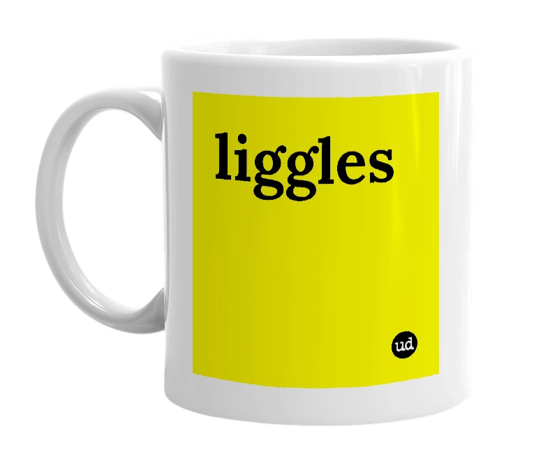 White mug with 'liggles' in bold black letters