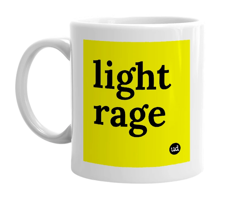 White mug with 'light rage' in bold black letters