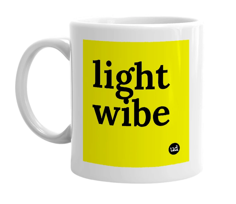 White mug with 'light wibe' in bold black letters