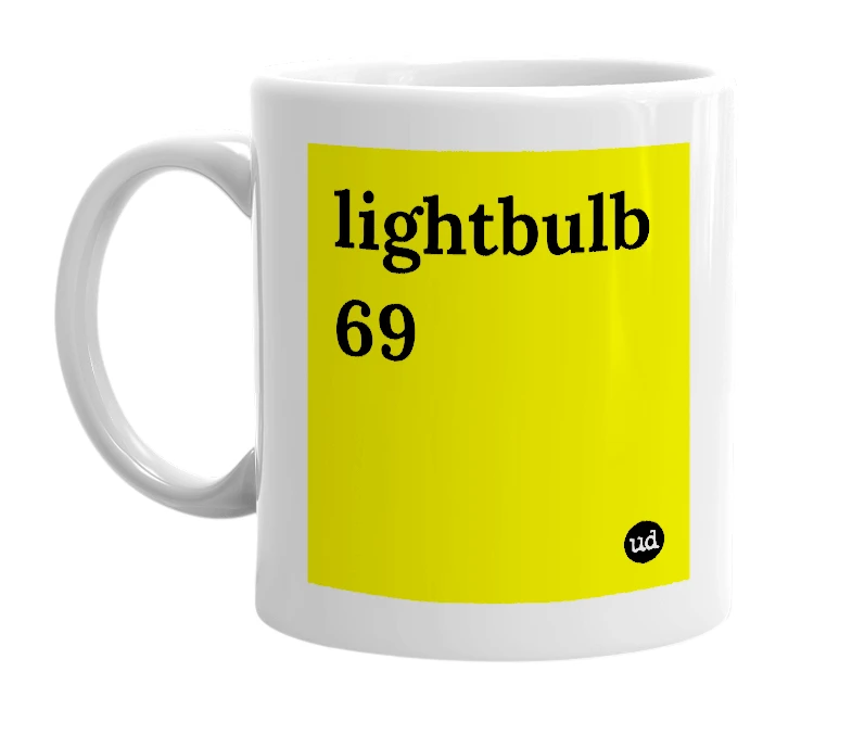 White mug with 'lightbulb 69' in bold black letters