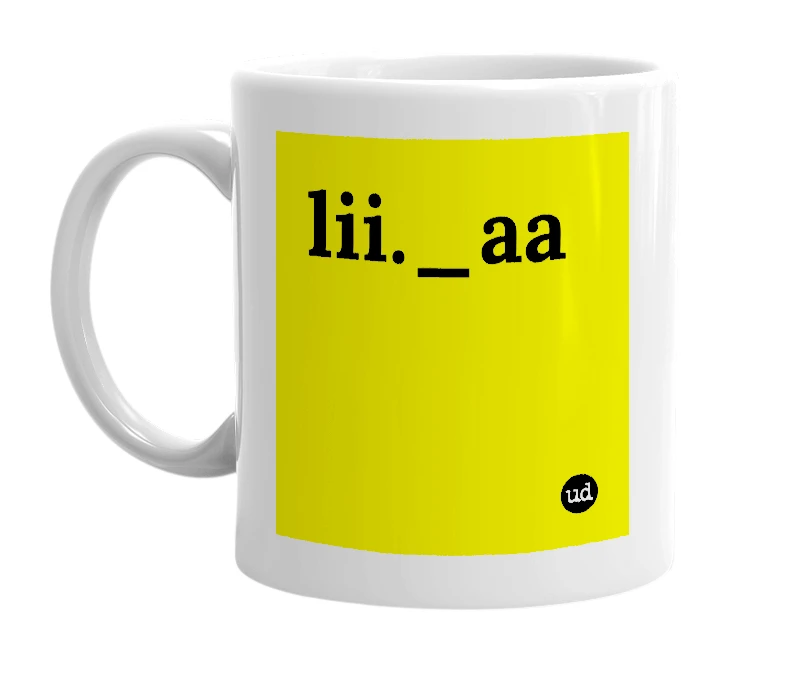 White mug with 'lii._aa' in bold black letters