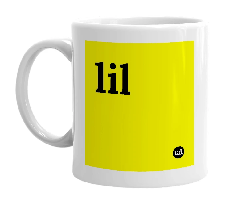 White mug with 'lil' in bold black letters