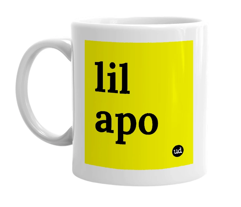 White mug with 'lil apo' in bold black letters