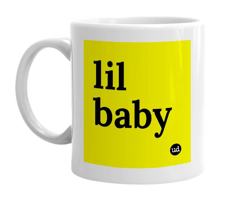 White mug with 'lil baby' in bold black letters