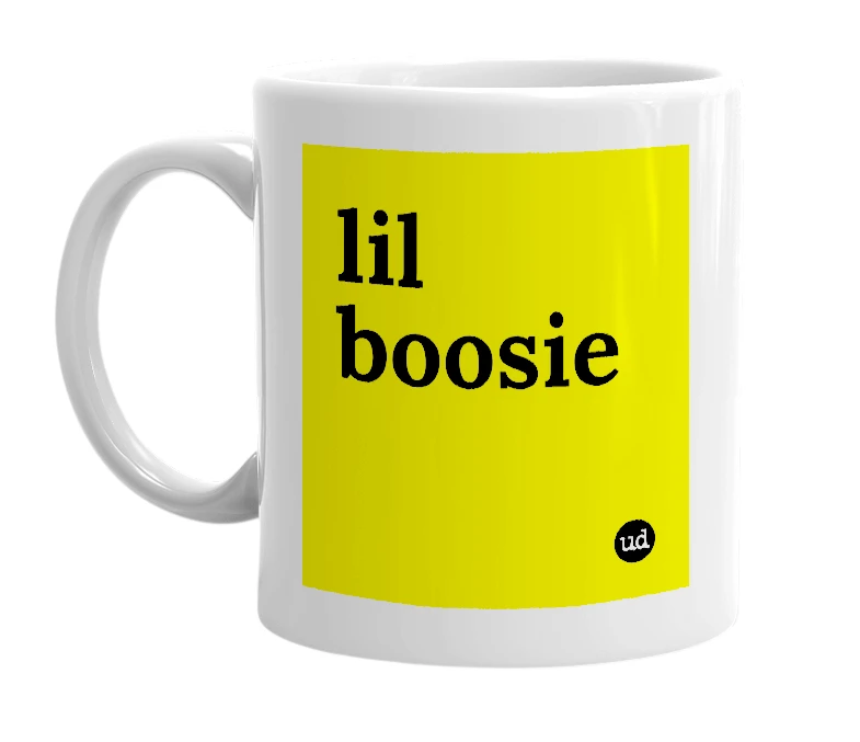 White mug with 'lil boosie' in bold black letters