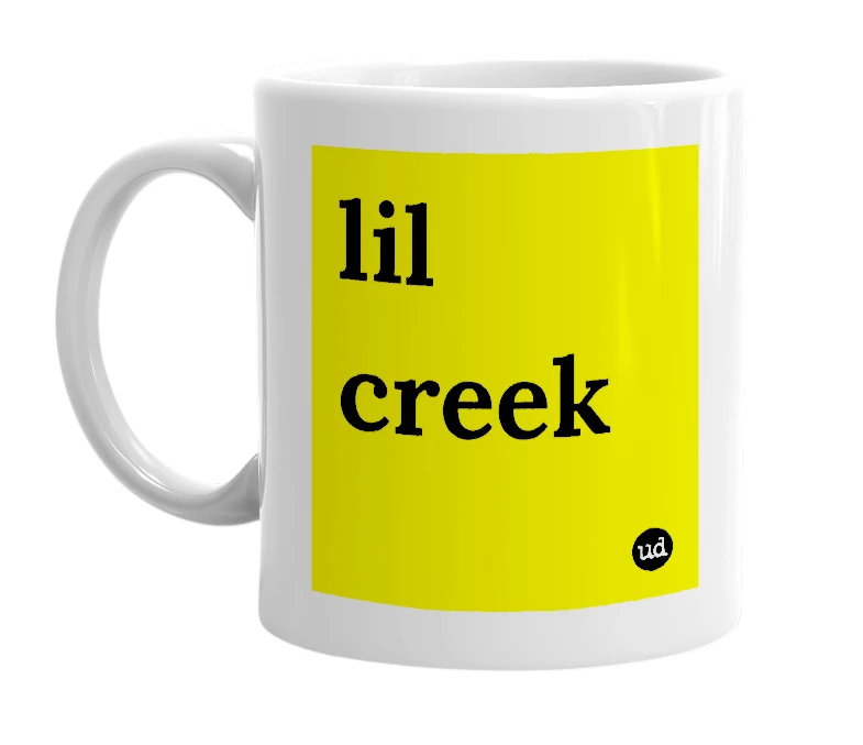 White mug with 'lil creek' in bold black letters