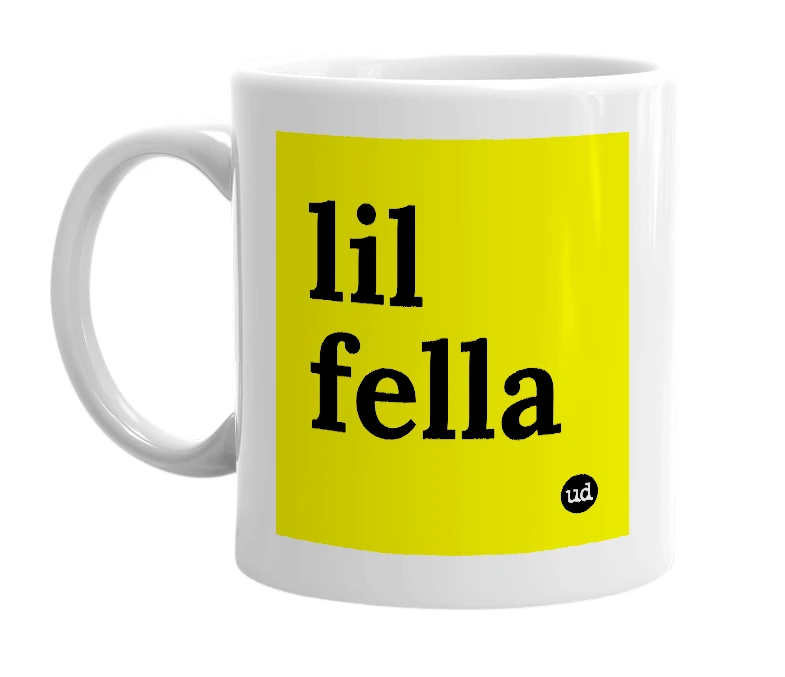 White mug with 'lil fella' in bold black letters