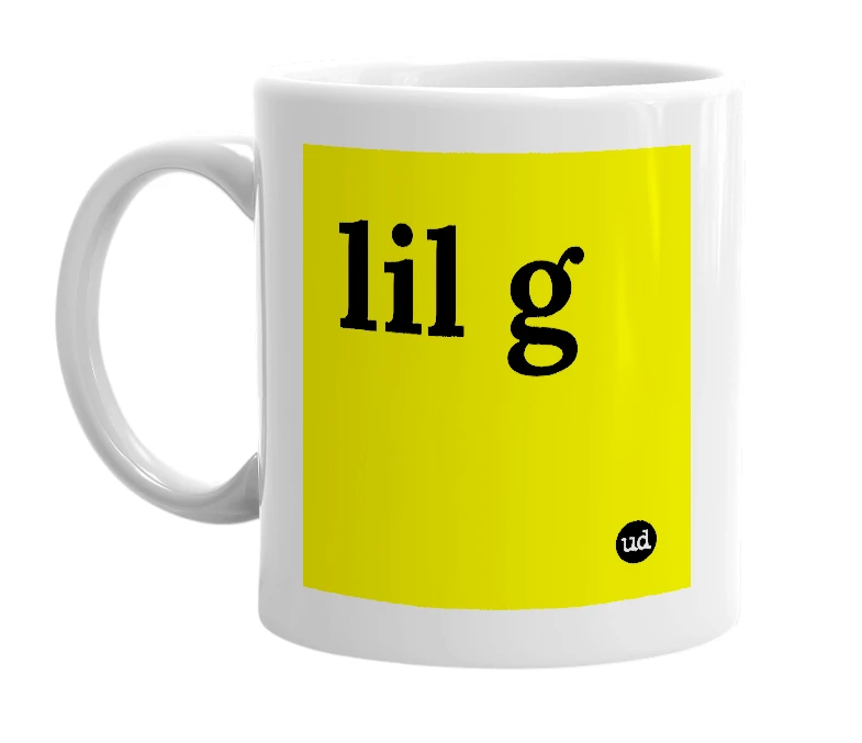 White mug with 'lil g' in bold black letters