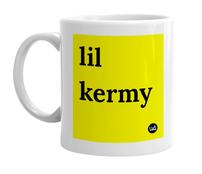 White mug with 'lil kermy' in bold black letters