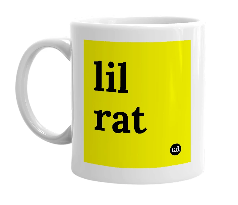 White mug with 'lil rat' in bold black letters