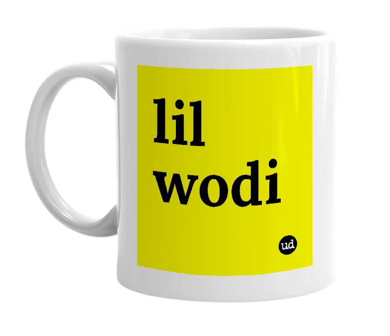 White mug with 'lil wodi' in bold black letters