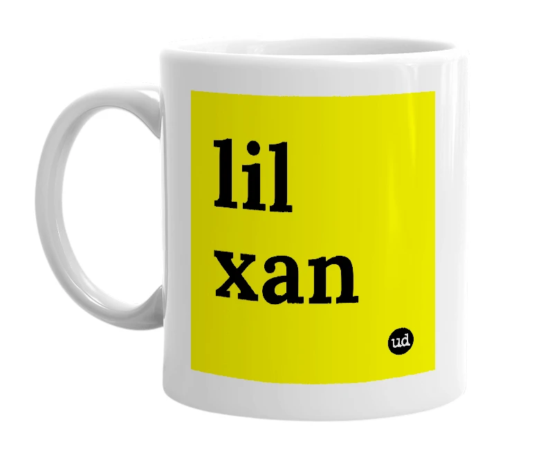 White mug with 'lil xan' in bold black letters