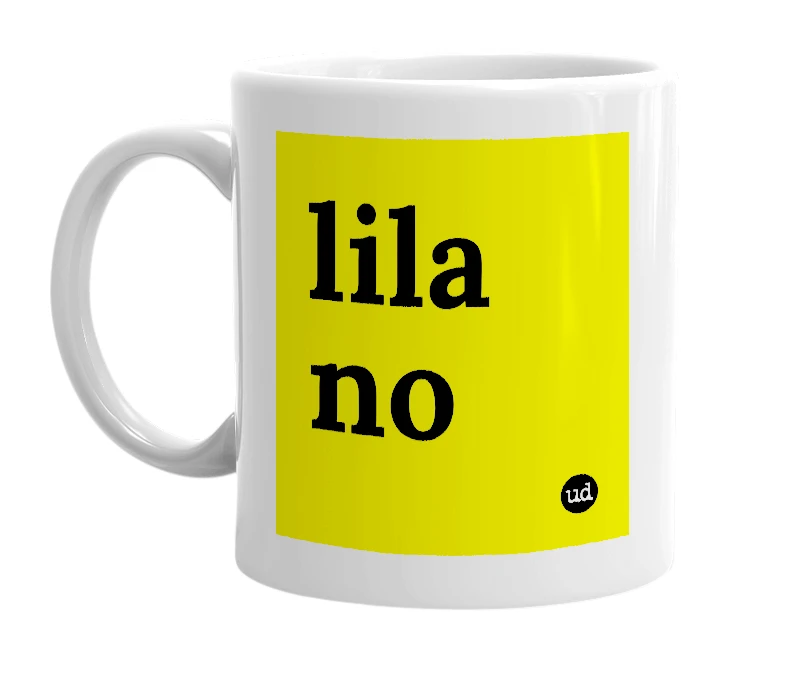 White mug with 'lila no' in bold black letters