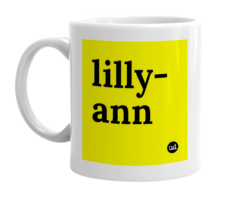 White mug with 'lilly-ann' in bold black letters