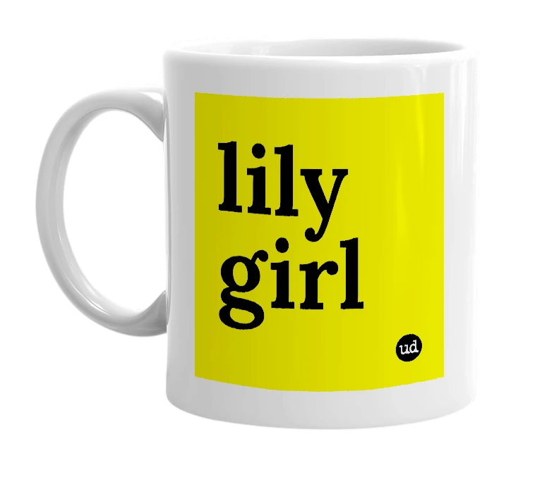 White mug with 'lily girl' in bold black letters