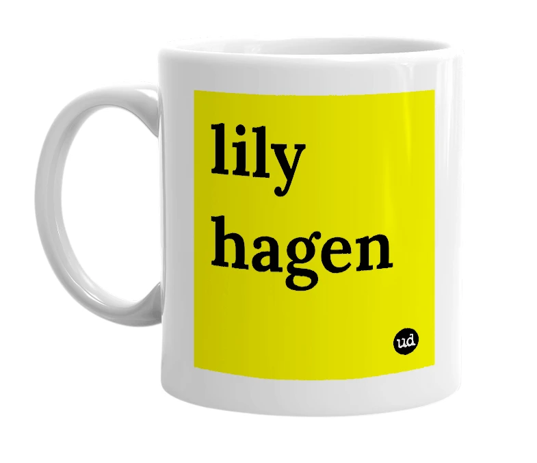 White mug with 'lily hagen' in bold black letters