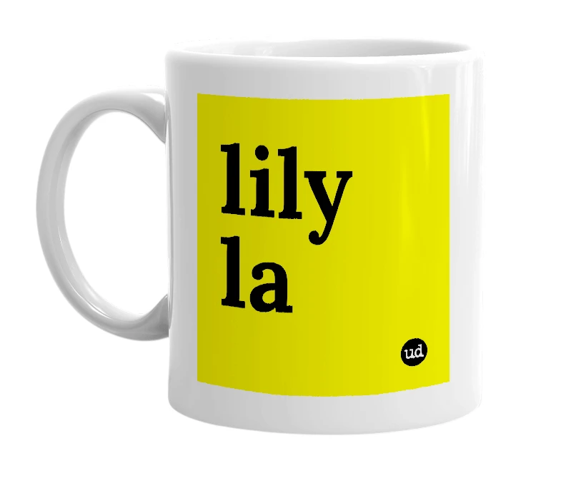 White mug with 'lily la' in bold black letters